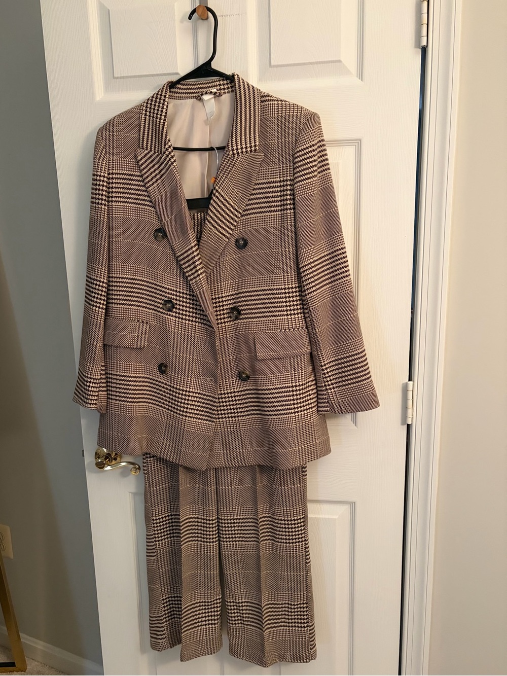 H&M Brown Plaid Double-Breasted Blazer and Pleated Skirt Set